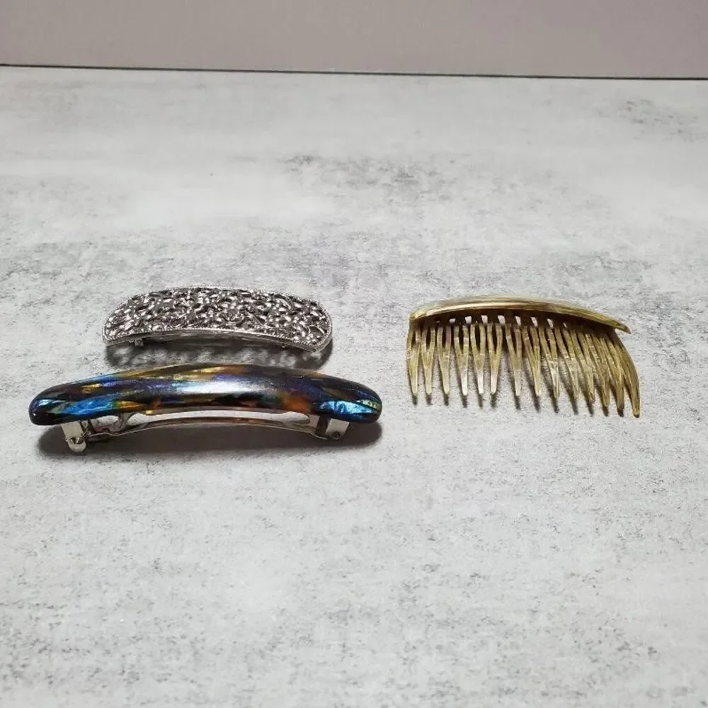 VTG Made in France Modele Depose Mixed Set of 3 Hair Barrette Clips & Comb